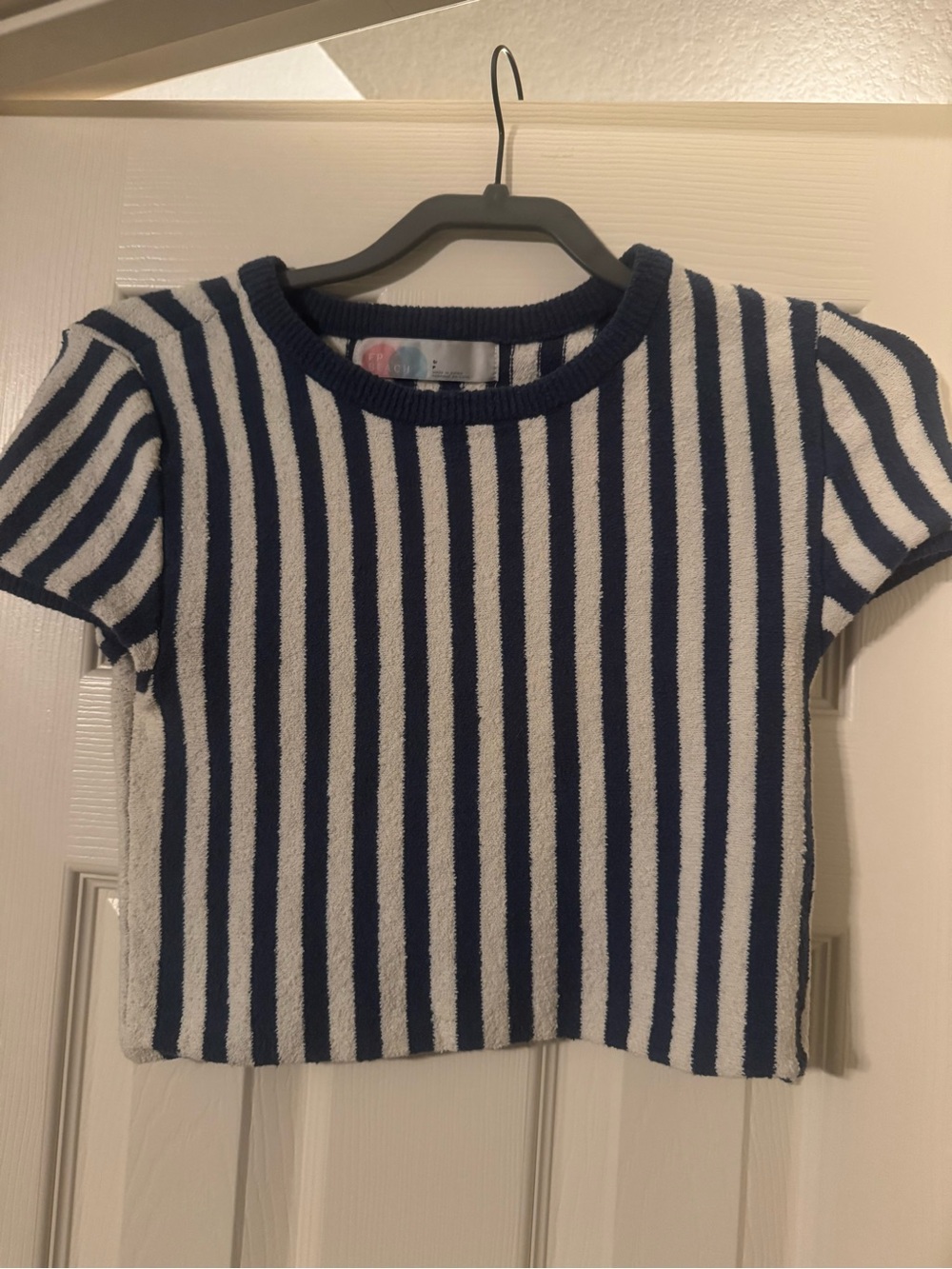 Free People Navy & White Striped Short Sleeve Knit Top
